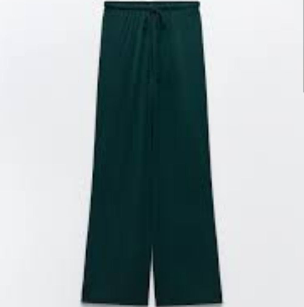New Zara Pull-On Semi-Sheer Elastic Waist Wide Leg Dark Green Pants Small NWT
